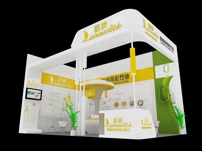 40平米展臺(tái)設(shè)計(jì)制作：二面開口/現(xiàn)代/木質(zhì)結(jié)構(gòu)/白色，為食品展展商而作（免費(fèi)使用）