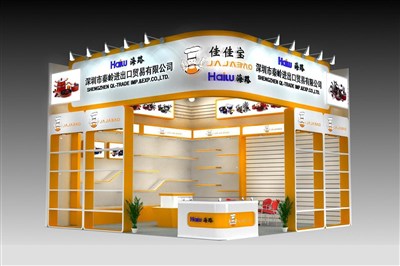 36平米展臺設(shè)計制作：二面開口/前衛(wèi)/木質(zhì)結(jié)構(gòu)/黃色，為家電展展商而作（免費使用）