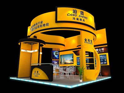 36平米展臺設(shè)計制作：三面開口/現(xiàn)代/木質(zhì)結(jié)構(gòu)/黃色，為汽配展展商而作（免費使用）