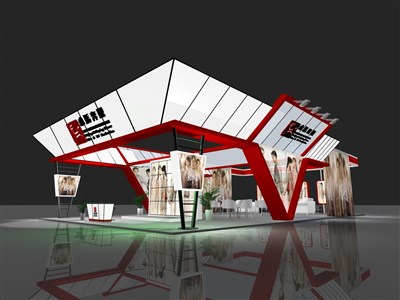 144平米展臺設計制作：四面開口/現(xiàn)代/型材結構/紅色，為機械展展商而作（免費使用）