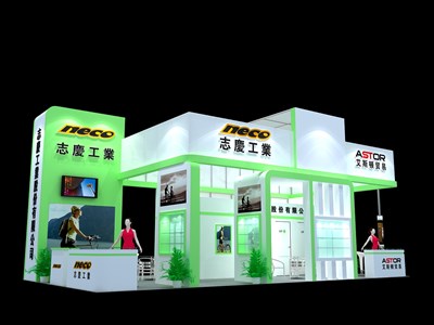 72平米展臺設(shè)計(jì)制作：四面開口/現(xiàn)代/木質(zhì)結(jié)構(gòu)/綠色，為汽配展展商而作（免費(fèi)使用）