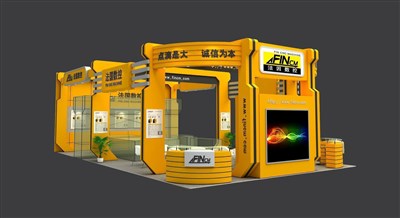 135平米展臺設(shè)計(jì)制作：三面開口/現(xiàn)代/木質(zhì)結(jié)構(gòu)/黃色，為機(jī)械展展商而作（免費(fèi)使用）