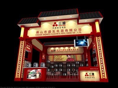 36平米展臺設(shè)計制作：三面開口/中式/木質(zhì)結(jié)構(gòu)/紅色，為家電展展商而作（免費使用）