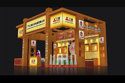 48平米展臺(tái)設(shè)計(jì)制作：三面開(kāi)口/現(xiàn)代/木質(zhì)結(jié)構(gòu)/黃色，為家電展展商而作（免費(fèi)使用）