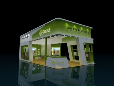 72平米展臺設(shè)計制作：三面開口/現(xiàn)代/木質(zhì)結(jié)構(gòu)/綠色，為家電展展商而作（免費使用）