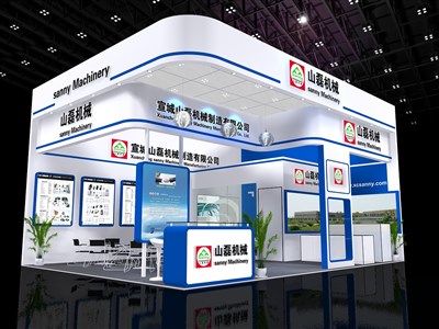 48平米展臺設計制作：二面開口/現代/木質結構/藍色，為汽配展展商而作（免費使用）