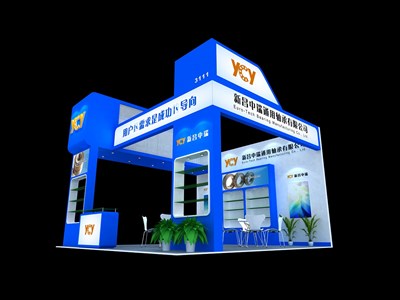 36平米展臺設計制作：三面開口/現代/木質結構/藍色，為機械展展商而作（免費使用）