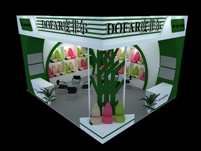 42平米展臺(tái)設(shè)計(jì)制作：二面開口/現(xiàn)代/木質(zhì)結(jié)構(gòu)/綠色，為汽配展展商而作（免費(fèi)使用）