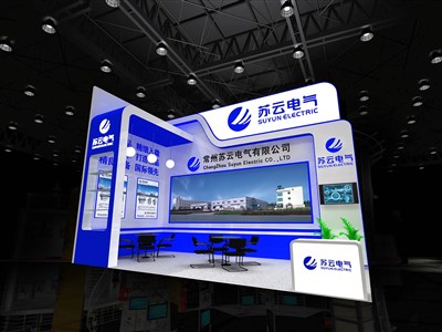 32平米展臺設(shè)計(jì)制作：二面開口/現(xiàn)代/木質(zhì)結(jié)構(gòu)/藍(lán)色，為機(jī)械展展商而作（免費(fèi)使用）
