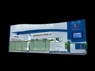 36平米展臺設計制作：二面開口/現(xiàn)代/木質(zhì)結構/藍色，為機械展展商而作（免費使用）