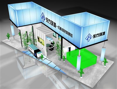 70平米展臺設(shè)計制作：四面開口/前衛(wèi)/木質(zhì)結(jié)構(gòu)/藍(lán)色，為機(jī)械展展商而作（免費使用）