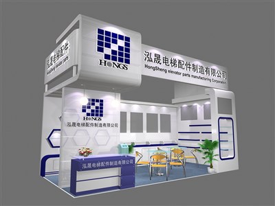18平米展臺設(shè)計制作：二面開口/現(xiàn)代/木質(zhì)結(jié)構(gòu)/藍色，為機械展展商而作（免費使用）