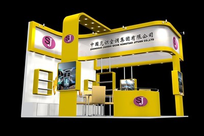 36平米展臺(tái)設(shè)計(jì)制作：三面開(kāi)口/現(xiàn)代/木質(zhì)結(jié)構(gòu)/黃色，為家電展展商而作（免費(fèi)使用）