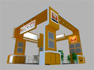 36平米展臺設計制作：四面開口/現代/木質結構/黃色，為汽配展展商而作（免費使用）