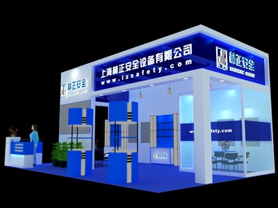 49.5平米展臺設(shè)計(jì)制作：三面開口/現(xiàn)代/木質(zhì)結(jié)構(gòu)/藍(lán)色，為機(jī)械展展商而作（免費(fèi)使用）