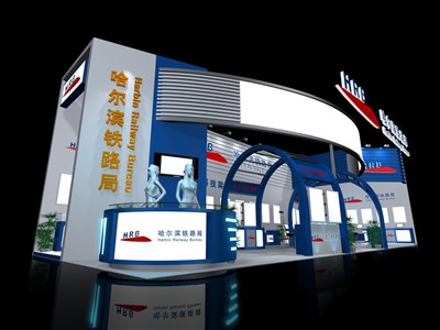 102平米展臺(tái)設(shè)計(jì)制作：二面開口/現(xiàn)代/木質(zhì)結(jié)構(gòu)/藍(lán)色，為機(jī)械展展商而作（免費(fèi)使用）