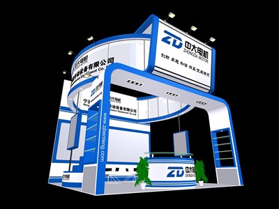 36平米展臺設計制作：三面開口/現(xiàn)代/木質(zhì)結構/藍色，為機械展展商而作（免費使用）