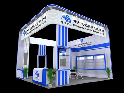 36平米展臺設計制作：三面開口/現代/木質結構/藍色，為汽配展展商而作（免費使用）