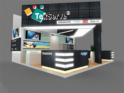 36平米展臺設(shè)計(jì)制作：三面開口/現(xiàn)代/木質(zhì)結(jié)構(gòu)/黑色，為電子展展商而作（免費(fèi)使用）