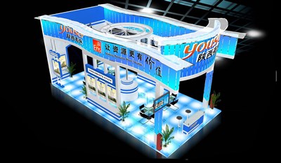 72平米展臺設(shè)計(jì)制作：四面開口/現(xiàn)代/型材結(jié)構(gòu)/藍(lán)色，為汽配展展商而作（免費(fèi)使用）