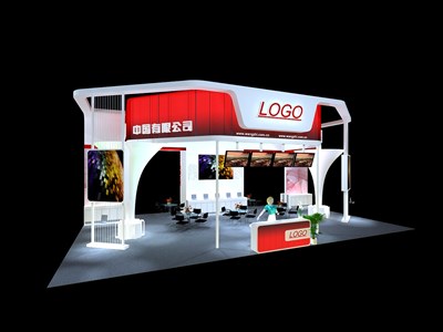 135平米展臺設計制作：四面開口/現(xiàn)代/木質(zhì)結構/紅色，為電子展展商而作（免費使用）