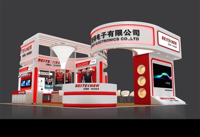 108平米展臺設(shè)計制作：四面開口/前衛(wèi)/木質(zhì)結(jié)構(gòu)/紅色，為電子展展商而作（免費使用）