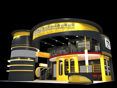 99平米展臺設(shè)計制作：三面開口/現(xiàn)代/雙層結(jié)構(gòu)/黃色，為電子展展商而作（免費使用）