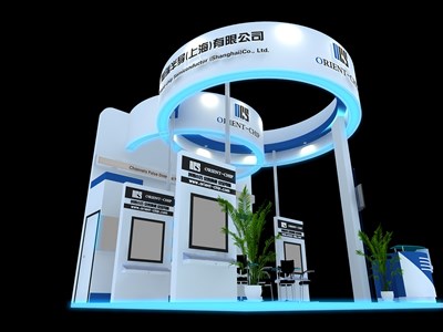 36平米展臺(tái)設(shè)計(jì)制作：三面開口/前衛(wèi)/木質(zhì)結(jié)構(gòu)/藍(lán)色，為電子展展商而作（免費(fèi)使用）