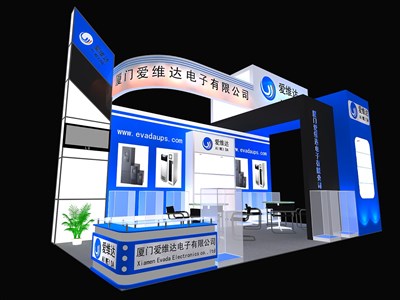18平米展臺設(shè)計制作：三面開口/現(xiàn)代/木質(zhì)結(jié)構(gòu)/藍色，為電子展展商而作（免費使用）