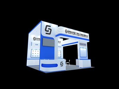 36平米展臺設(shè)計(jì)制作：三面開口/現(xiàn)代/木質(zhì)結(jié)構(gòu)/藍(lán)色，為電子展展商而作（免費(fèi)使用）