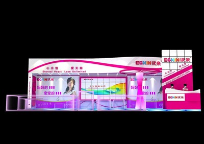 72平米展臺設(shè)計制作：一面開口/現(xiàn)代/木質(zhì)結(jié)構(gòu)/紫色，為嬰幼展展商而作（免費(fèi)使用）