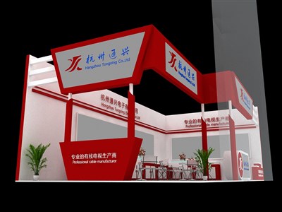 50平米展臺(tái)設(shè)計(jì)制作：二面開口/現(xiàn)代/木質(zhì)結(jié)構(gòu)/紅色，為電子展展商而作（免費(fèi)使用）
