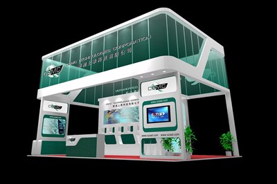 54平米展臺設計制作：四面開口/現(xiàn)代/型材結構/綠色，為電子展展商而作（免費使用）