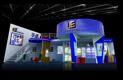 120平米展臺設計制作：二面開口/前衛(wèi)/雙層結構/藍色，為電子展展商而作（免費使用）