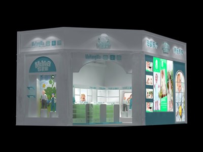 54平米展臺設(shè)計制作：一面開口/現(xiàn)代/木質(zhì)結(jié)構(gòu)/藍色，為嬰幼展展商而作（免費使用）
