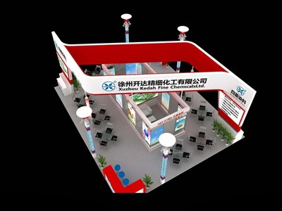 120平米展臺(tái)設(shè)計(jì)制作：四面開口/現(xiàn)代/木質(zhì)結(jié)構(gòu)/紅色，為化工展展商而作（免費(fèi)使用）