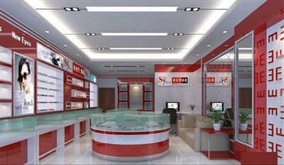 50平米展廳設計制作：現(xiàn)代/紅色，產(chǎn)品類展廳-眼鏡店（免費使用）