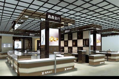 152平米展廳設(shè)計(jì)制作：現(xiàn)代/咖啡色，產(chǎn)品類展廳-鑫鑫金行珠寶展廳（免費(fèi)使用）