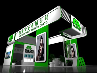 98平米展臺(tái)設(shè)計(jì)制作：三面開口/現(xiàn)代/木質(zhì)結(jié)構(gòu)/綠色，為化工展展商而作（免費(fèi)使用）