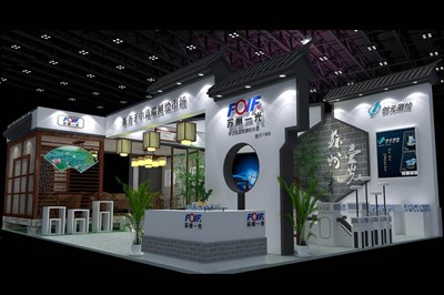 108平米展臺設計制作：三面開口/中式/木質結構/灰色，為電子展展商而作（免費使用）