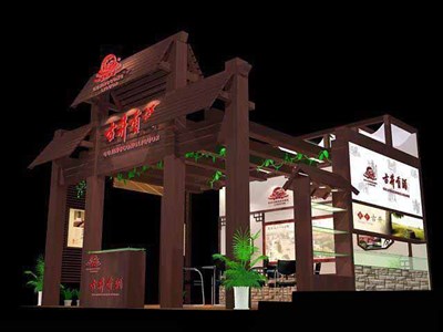 36平米展臺(tái)設(shè)計(jì)制作：三面開口/中式/木質(zhì)結(jié)構(gòu)/咖啡色，為糖酒展展商而作（免費(fèi)使用）