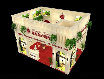 48平米展臺(tái)設(shè)計(jì)制作：二面開口/歐式/木質(zhì)結(jié)構(gòu)/米色，為糖酒展展商而作（免費(fèi)使用）