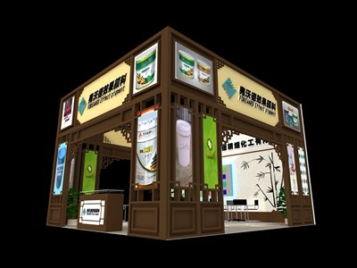 42平米展臺(tái)設(shè)計(jì)制作：四面開口/中式/木質(zhì)結(jié)構(gòu)/咖啡色，為化工展展商而作（免費(fèi)使用）