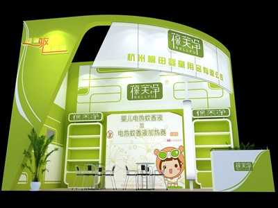 36平米展臺設(shè)計制作：二面開口/現(xiàn)代/木質(zhì)結(jié)構(gòu)/綠色，為嬰幼展展商而作（免費使用）