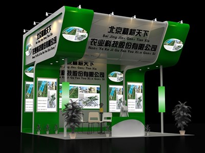36平米展臺設計制作：三面開口/現(xiàn)代/木質(zhì)結(jié)構(gòu)/綠色，為化工展展商而作（免費使用）