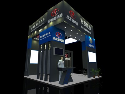 36平米展臺設(shè)計(jì)制作：三面開口/前衛(wèi)/木質(zhì)結(jié)構(gòu)/黑色，為電子展展商而作（免費(fèi)使用）