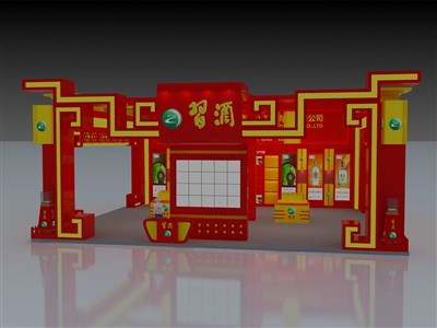 168平米展臺(tái)設(shè)計(jì)制作：三面開口/中式/木質(zhì)結(jié)構(gòu)/紅色，為糖酒展展商而作（免費(fèi)使用）