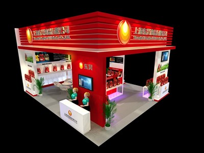 72平米展臺設(shè)計制作：三面開口/現(xiàn)代/木質(zhì)結(jié)構(gòu)/紅色，為化工展展商而作（免費使用）