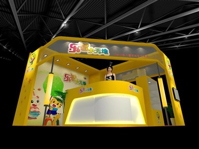 36平米展臺(tái)設(shè)計(jì)制作：一面開(kāi)口/現(xiàn)代/木質(zhì)結(jié)構(gòu)/黃色，為嬰幼展展商而作（免費(fèi)使用）