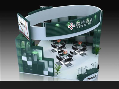 36平米展臺設(shè)計制作：二面開口/前衛(wèi)/型材結(jié)構(gòu)/綠色，為糖酒展展商而作（免費使用）